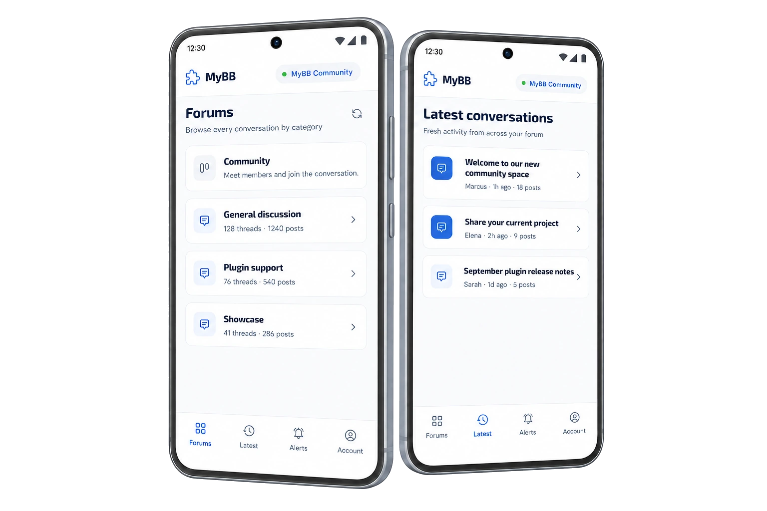 MyBB Companion showing forum categories and latest conversations on two Android phones